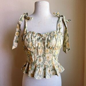 En Saison Yellow and Green Floral Tie-Shoulder Peplum Camisole